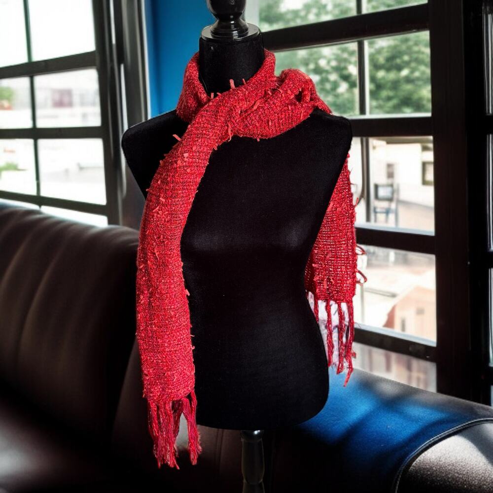 Womens Hand Made Orange Red Sparkly Scarf Artsy NEW‎